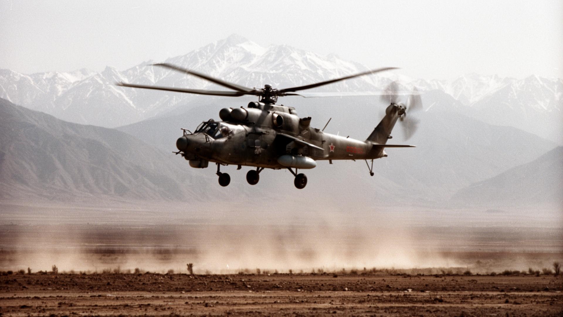 Soviet Mi-24 Hind helicopter flying low over an Afghan valley