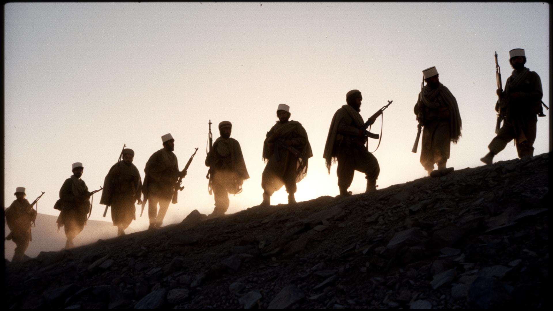 Mujahideen fighters silhouetted on a rocky Afghan ridge