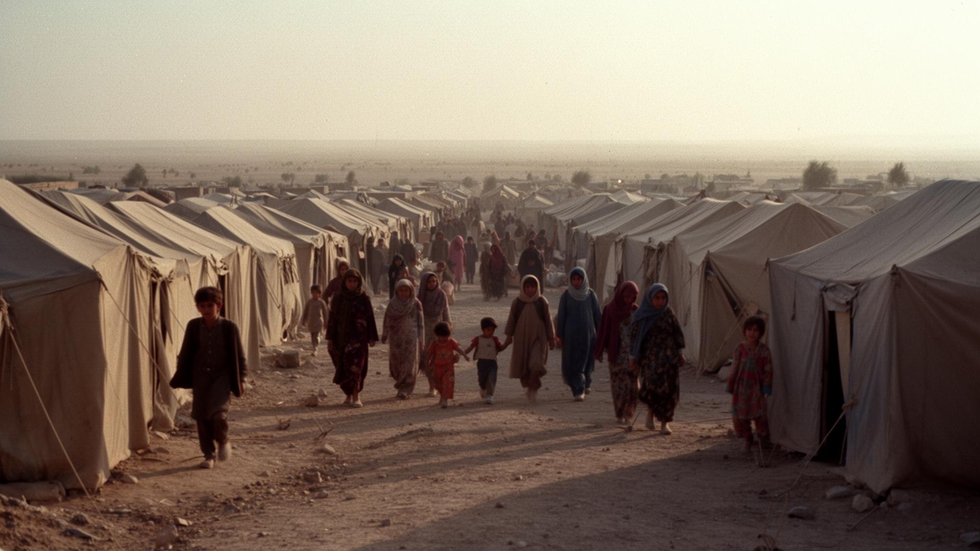Afghan refugee camp in Pakistan in the 1980s, rows of tents stretching to the horizon
